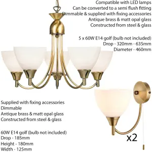 5 Lamp Ceiling & 2x Wall Light Pack Antique Brass Glass Matching Indoor Fittings