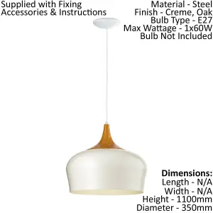 Pendant Ceiling Light Colour Cream & Oak Coloured Steel Bulb E27 1x60W