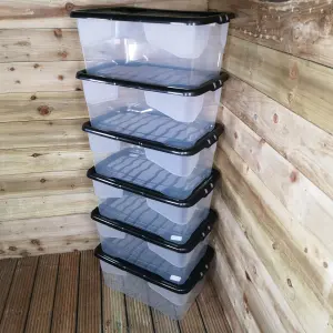 6 x 42L Clear Storage Box with Black Lid, Stackable and Nestable Design Storage Solution