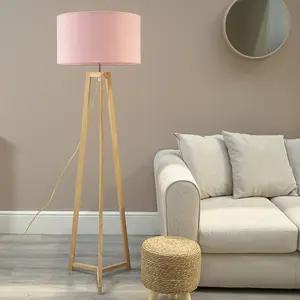 ValueLights Lottie Natural Wood Tripod Floor Lamp with Blush Pink Drum Shade