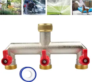 Brass 3-Way Garden Hose Tap Splitter with PTFE Tape  Durable three-quarts" Outdoor Tap Connector with Individual Valves