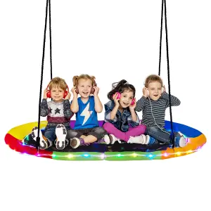 COSTWAY 150 cm Saucer Swing w/ LED Lights 300 kg Platform Tree Swing w/ Adjustable Ropes