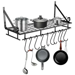 Kitchen Metal Shelves Saucepan Pan Pot Rack Storage Shelf with 10 Hooks Wall Mounted W 60 cm