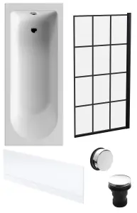 Round Single Ended Bath, Black Framed Screen, Front Panel, Chrome Waste-1700x700mm