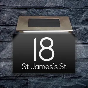 Personalised Aluminium House Plaque with Solar Light Customised with Your House Number and Street Name 160 x 280mm Black