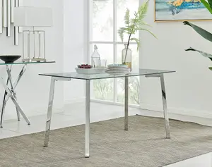 Cosmo Rectangular Chrome Metal And Glass Dining Table for Modern Dining Room With 4 Green Velvet Pesaro Dining Chairs