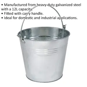 12 Litre Heavy Duty Galvanized Steel Bucket with Carry Handle for Versatile Use