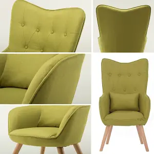 Green Linen Upholstered Wing Back Armchair Lounge Chair with Footstool and Lumbar Pillow