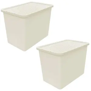 3 x Large Cream Stackable 80 Litre Plastic Rattan Storage Containers With Lids