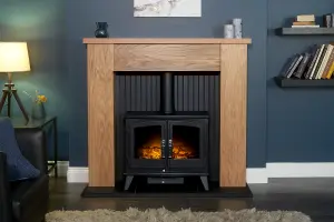 Adam New England Stove Fireplace in Oak & Black with Woodhouse Electric Stove in Black, 48 Inch