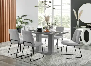 Imperia Grey High Gloss 6 Seater Dining Table with Structural 2 Plinth Column Legs Light Grey Fabric Halle Modern Chairs