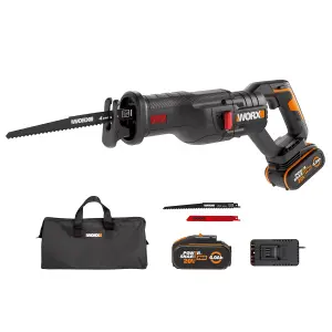 WORX WX516 20V Cordless Brushless Reciprocating Saw with quick change blade system, x1 4.0Ah battery and fast charger