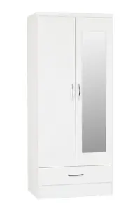 Nevada Mirrored 2 Door 1 Drawer Wardrobe White Gloss