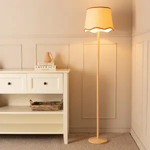 ValueLights Triston Natural Light Wood Stem Floor Lamp with Scallop Rust Trim Tapered Shade and LED Bulb