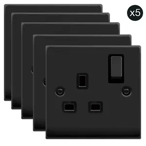 5 PACK - Matt Black 1 Gang 13A DP Ingot Switched Plug Socket - Black Trim - SE Home