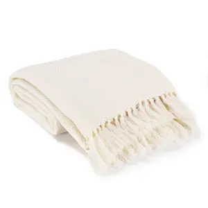 EHC Herringbone Lightweight Soft Warm Wool  Feel Acrylic Throws for Sofa Blanket  - Ivory