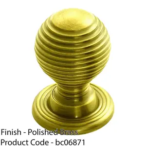 Reeded Ball Door Knob - 23mm Polished Brass Lined Cupboard Pull Handle & Rose