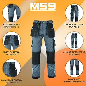 MS9 Mens Hi Viz Cargo Combat Holster Pockets Tactical Working Work Trouser Trousers Pants Jeans E1, Grey - 42W/30L