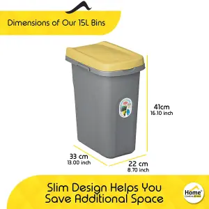 Home Centre Plastic Lift Top Lid Slim Waste Recycling Bin Kitchen School 15 Litre Yellow-Grey