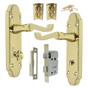 Epsom Door Handle Bathroom Lock Scroll Lever - Brass Pack Hinges