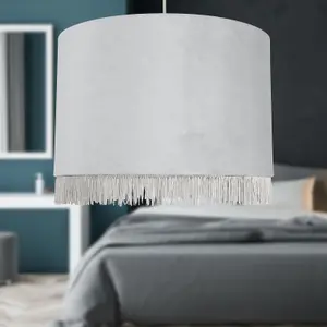 First Choice Lighting Fringed Silvery Grey 38cm Fringed Velvet Pendant Shade