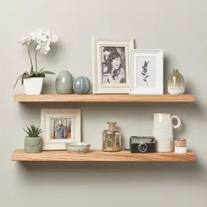 Off the Grain Oak Floating Shelf made From Solid Oak - 90cm (L) Wall Mounted Rustic Wooden Shelves - Pack of 2