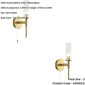 2 PACK Bathroom Satin Brass Plate Wall Light - Clear Ribbed Glass Shade - Non-Dimmable 3W LED G9