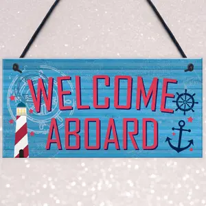 Red Ocean Welcome Aboard Nautical Seaside Marine Theme Gift Hanging Plaque Bathroom Bedroom Boat Sign