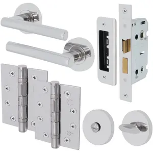 EAI Chrome Door Handle Bathroom T-Bar Lever on Rose Handles Bathroom Kit / Pack - 64mm Lock - 76mm Hinge - Polished Chrome