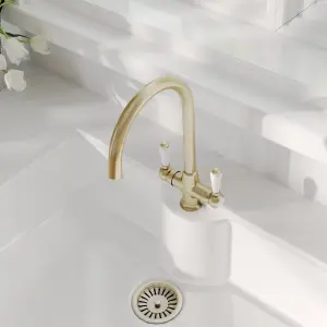 Traditional Mono Mixer Kitchen Tap with Lever Handles - Brushed Brass