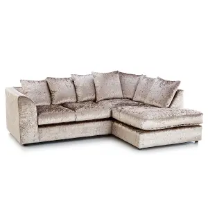 Crystal Crushed Velvet Fabric 3 to 4 Seater L Shaped Corner Sofa Mink Right Hand Facing - Scatter Back