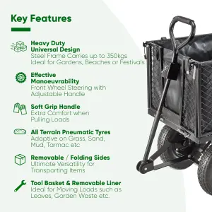 Garden TRAILER Deluxe High Sided Cart Pull Along Trolley 500kg Heavy Duty Black Utility Gardeners Wagon with Liner, Folding Sides