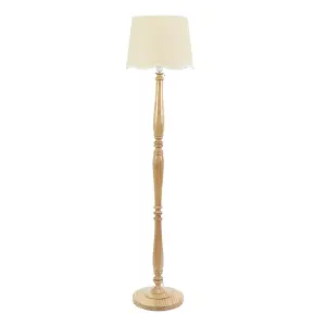 ValueLights Victoria Light Wood Candlestick Floor Lamp with Linen Scallop White Trim Tapered Shade