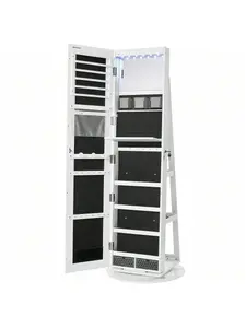 SONGMICS Full-Length Mirror Jewellery Cabinet with 6 LEDs, Free-Standing Frameless Design, Lockable, White Surface, Black Lining