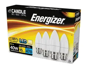 Energizer S14331 LED BC (B22) Opal Candle Non-Dimmable Bulb, Warm White 470 lm 5.2W (Pack 4) ENGS14331