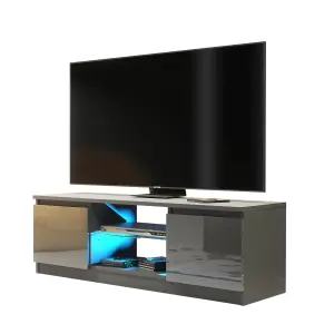 TV Unit 120cm Modern Dark Grey Stand Gloss Doors Free LED