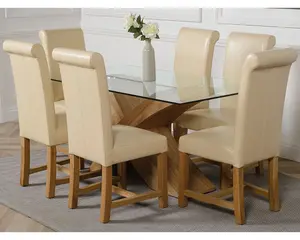 Valencia 160 cm x 90 cm Glass Dining Table and 6 Chairs Dining Set with Washington Ivory Leather Chairs