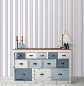 Galerie Deauville 2 Sky Blue Red White Two Colour Stripe Smooth Wallpaper