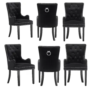 Set of 6 Windsor Knocker Back Dining Chairs Velvet Dining Room Chair w/ Armrest Black