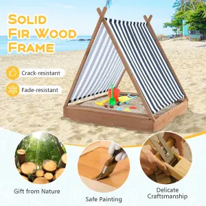 Costway Outdoor Kids Sandbox 124 x 123cm Wooden Cabana Sand Pit w/ 2 Seats & Cover