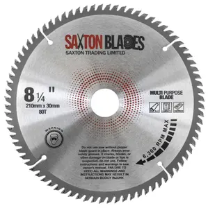 Saxton TCT21080TMPB TCT Circular Saw Blade 210mm x 80T x 30mm Bore + 16, 20, 25mm Ring Aluminium Laminate Hardwood