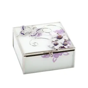 Glass Square Trinket Box Purple Butterfly Flowers Crystal