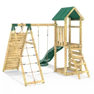 Rebo Challenge Wooden Climbing Frame with Swings, Slide and Up & over Climbing wall - Bear