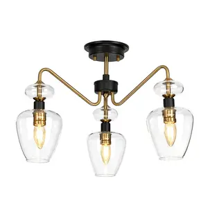 3 Bulb Semi Flush Light Aged Brass Finish Charcoal Black Paint LED E14 40W