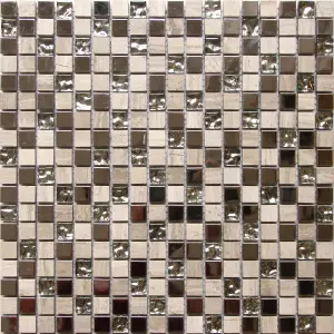 Mecine Grey Gloss Stone effect Glass, natural stone & stainless steel Mosaic tile, (L)300mm (W)300mm