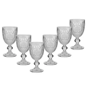 Set of 6 Vintage Luxury Clear Embossed Drinking Goblet Wine Glasses 310ml