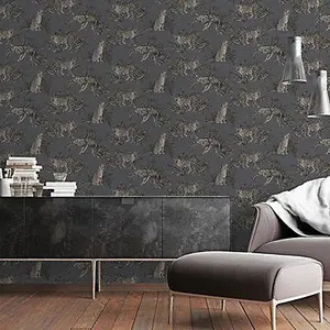 Grandeco Grey Woven effect Leopard Embossed Wallpaper