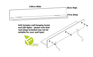 Wall Shelf Panel Floating Display Modern 140cm LEDs Medium Oak Effect Gent