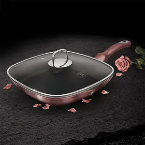 BERLINGER HAUS 28cm Square Grill Pan Frying Marble Non Stick Griddle Steak Rose Gold with Lid 2.1L