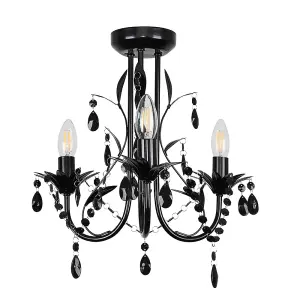 ValueLights Odelia Gloss Black Shabby Chic 3 Way Ceiling Light Chandelier with Decorative Black Jewel Beads